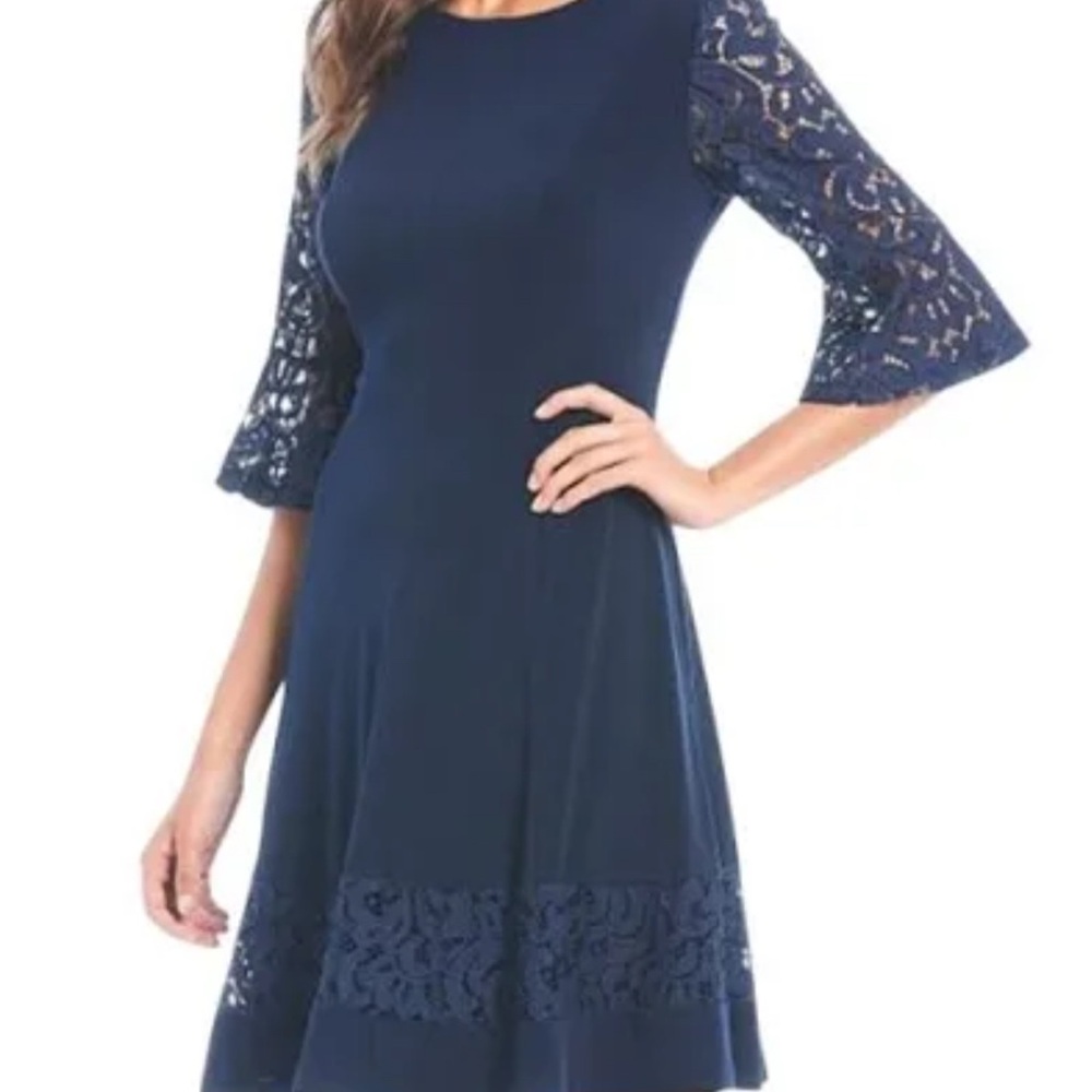 NWT Jessica Howard Feminine Navy Lacy Flounce Sleeve Midi Dress